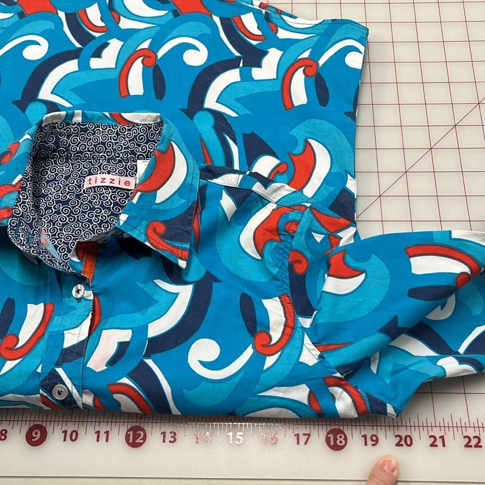 TIZZIE Artsy Mod Print Contrast French Cuff Preppy Retro Blue/Red Cotton Top S - Picture 15 of 16